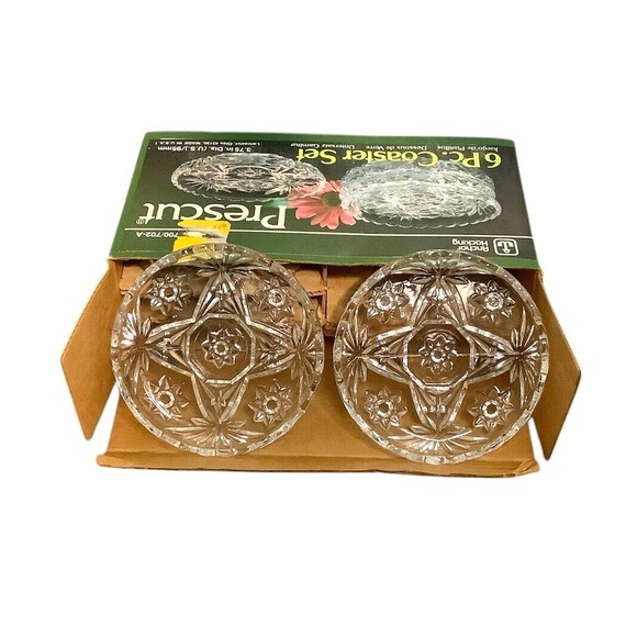 NEW VTG Set of 6 Anchor Hocking Glass Coasters Prescut Clear Cut Glass Stars Box - Picture 2 of 7